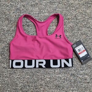 Under Armour HeatGear Mid Branded Violet Pink Keyhole Sports Bra
